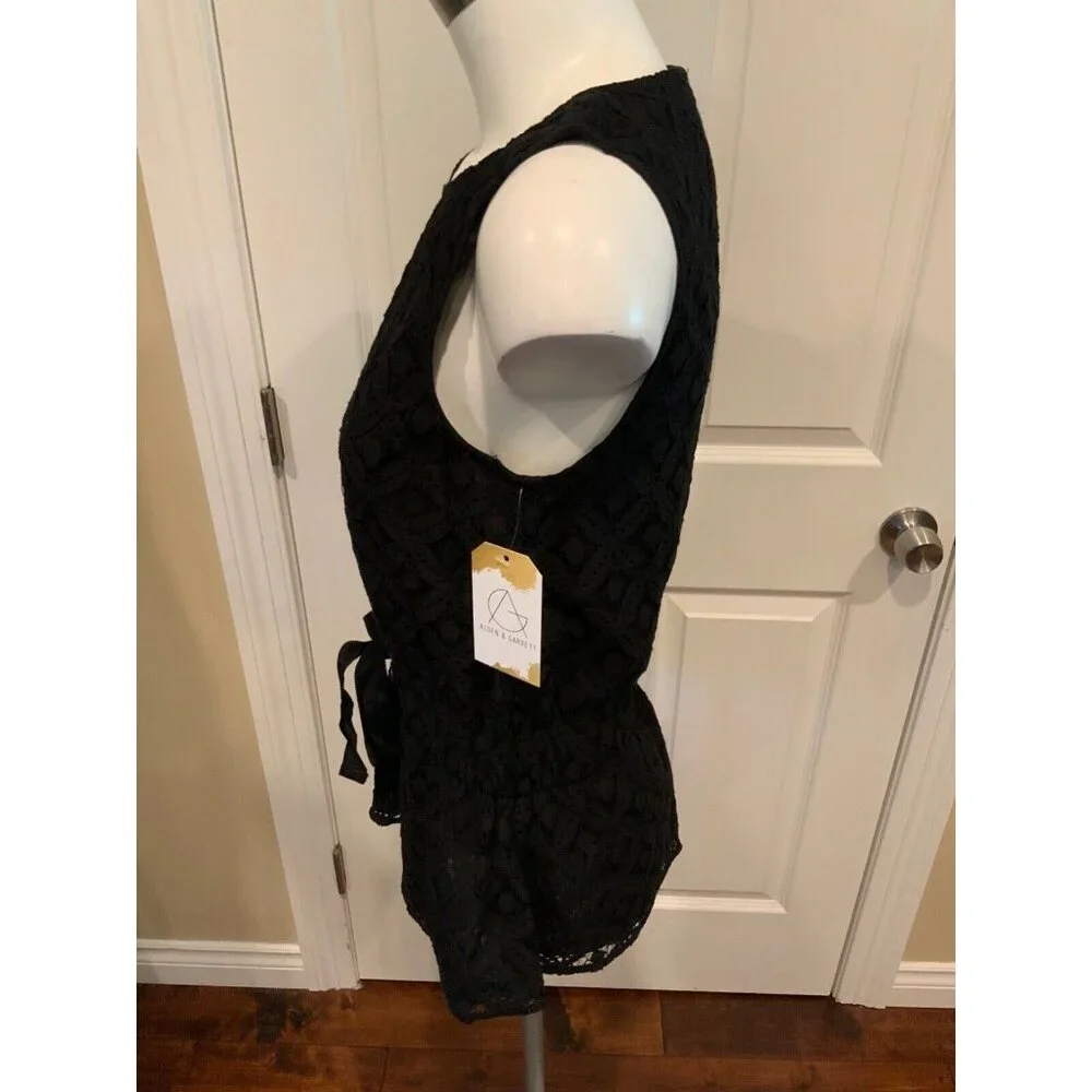 Michael Michael Kors Black Floral Lace Peplum Tank Top, Size Small